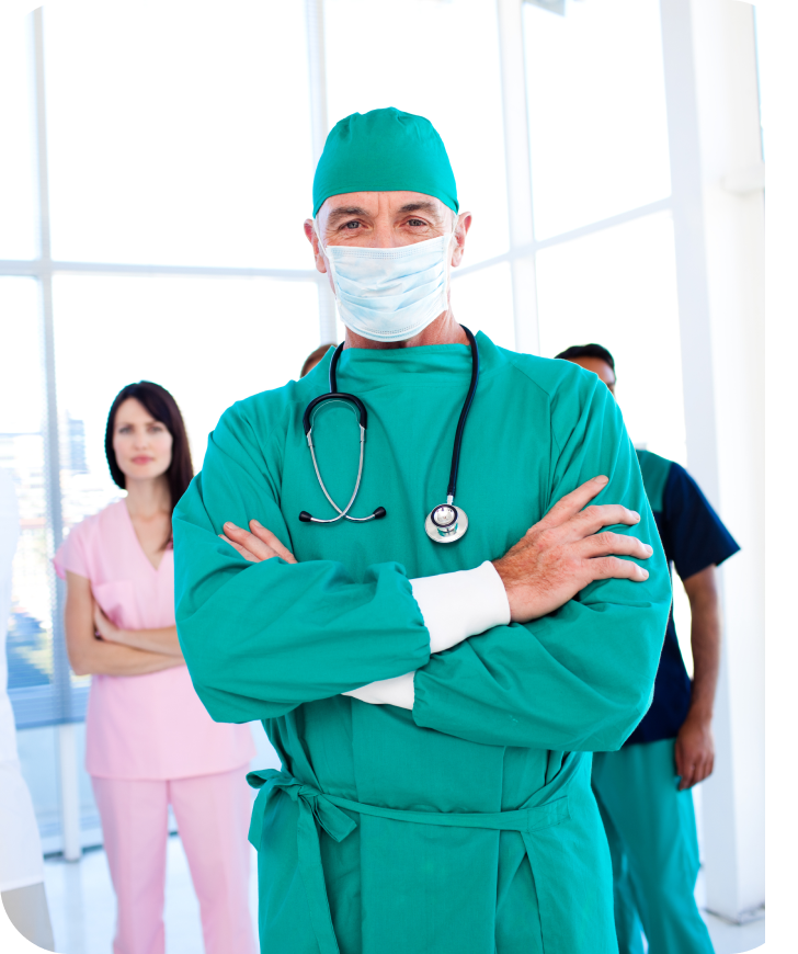 A surgical team standing ready in a hospital, who oversee cardiac enzyme testing and heart health.