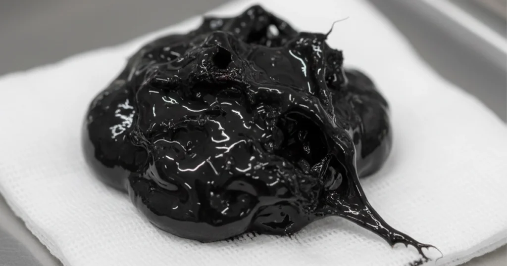 Black mucus on a tissue, thick consistency.