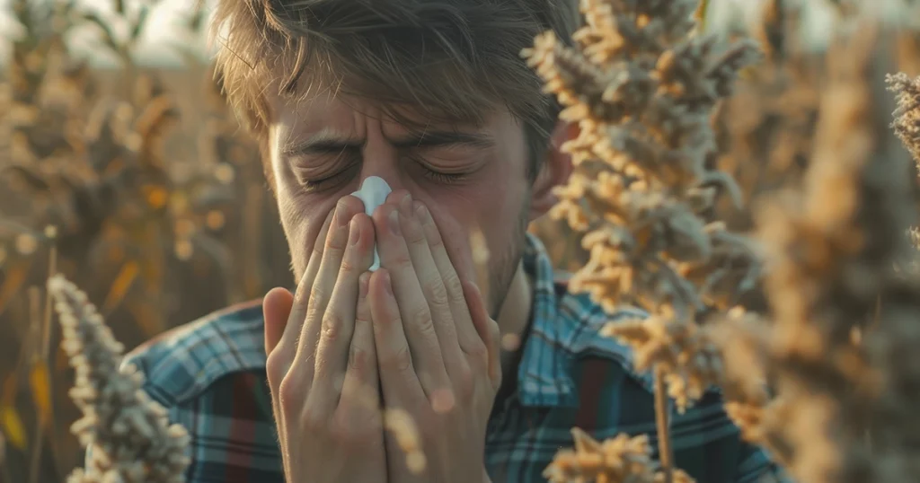 Man sneezing outdoors during allergy season.