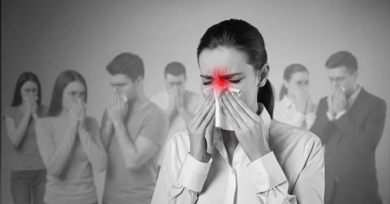 Woman holding a tissue with highlighted sinus pain, others blurred behind her.