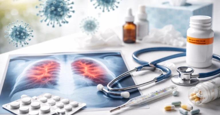 Medical equipment, medication, and a lung X-ray surrounded by floating virus particles.