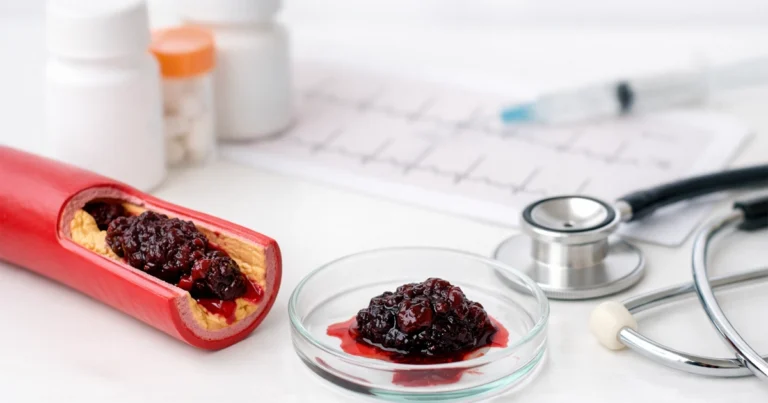 Blood clot in artery model with medical tools on white background.