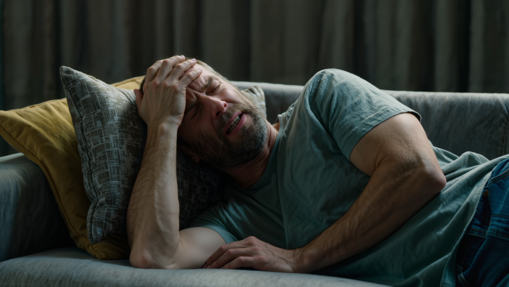A man lying on a couch with his hand on his forehead, grimacing in pain from a migraine.