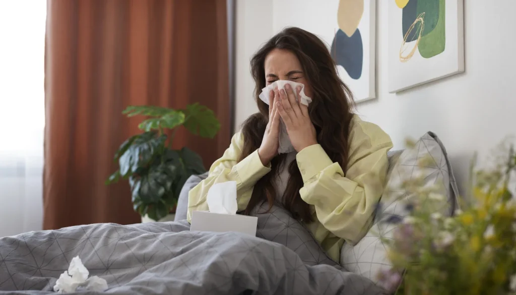 Sick woman blowing her nose with a tissue in bed.