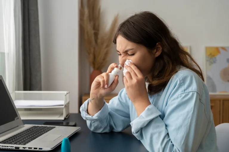 A woman sitting at a desk with a laptop using a nasal spray while holding a tissue to her nose